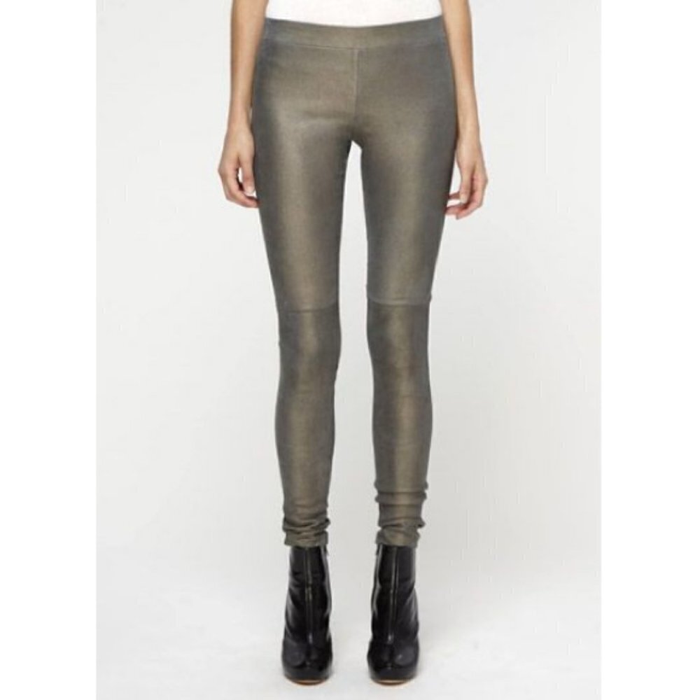 Vince Metallic Stretch Leather Leggings, Olive/Gold Metallic